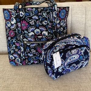 Vera Bradley tote in Bramble and Large Lay Flat Cosmetic in Deep Night Paisley